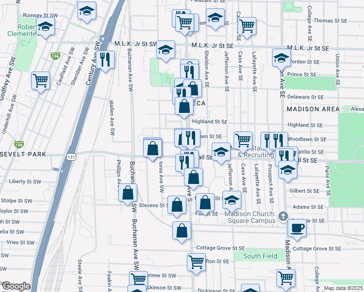 map of restaurants, bars, coffee shops, grocery stores, and more near 14 Canton Street Southwest in Grand Rapids