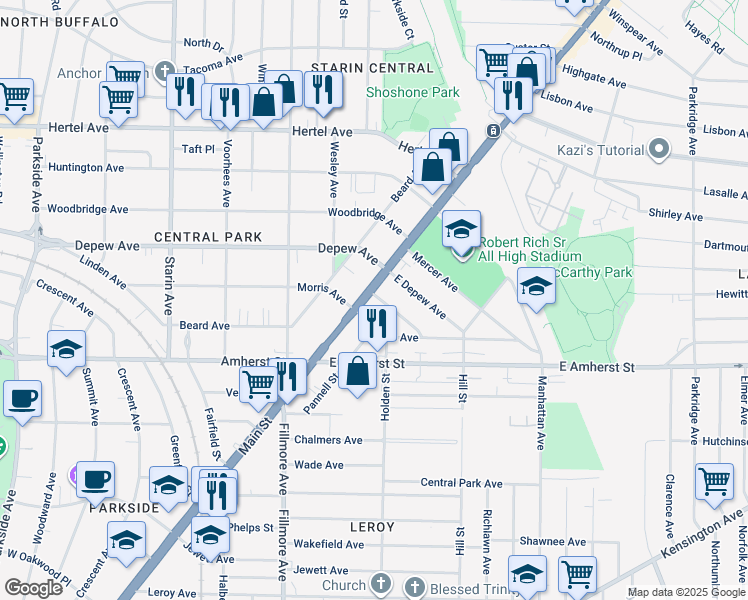map of restaurants, bars, coffee shops, grocery stores, and more near 2779 Main Street in Buffalo