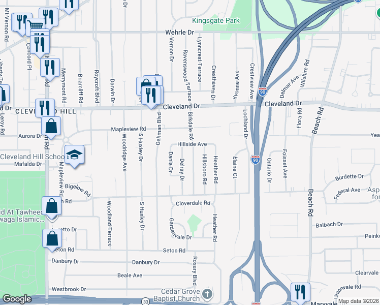 map of restaurants, bars, coffee shops, grocery stores, and more near 65 Delray Drive in Cheektowaga