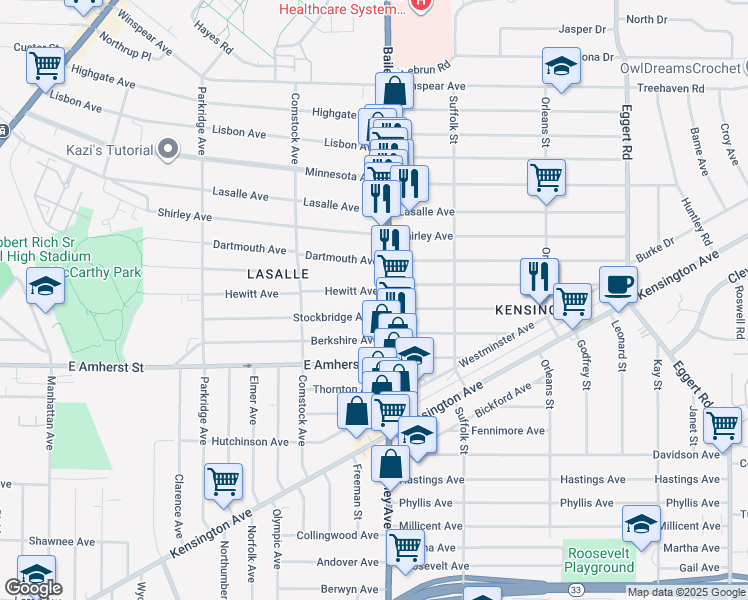 map of restaurants, bars, coffee shops, grocery stores, and more near 316 Stockbridge Avenue in Buffalo