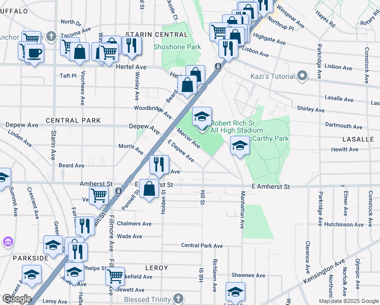 map of restaurants, bars, coffee shops, grocery stores, and more near 72 East Depew Avenue in Buffalo