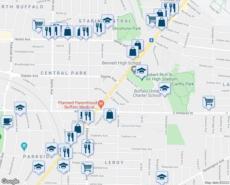 map of restaurants, bars, coffee shops, grocery stores, and more near 2773 Main Street in Buffalo