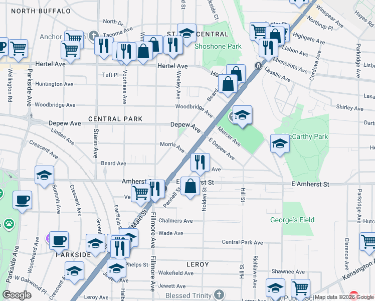 map of restaurants, bars, coffee shops, grocery stores, and more near 2750 Main Street in Buffalo