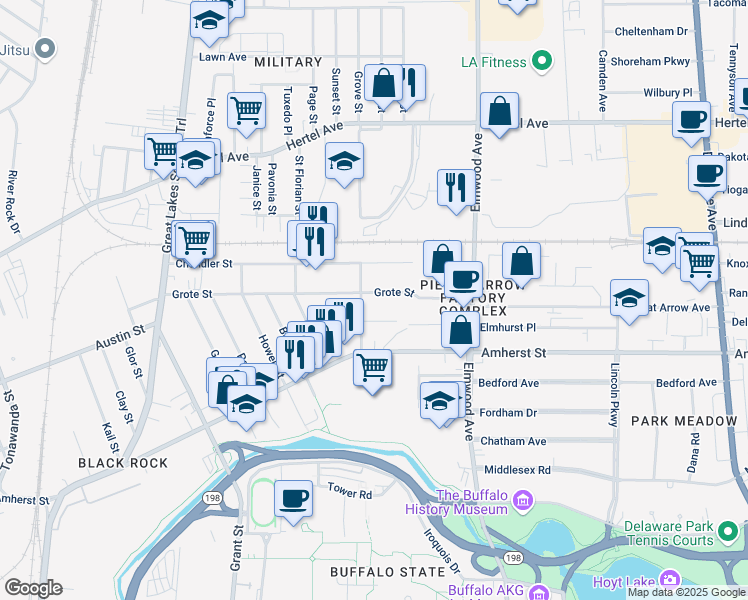 map of restaurants, bars, coffee shops, grocery stores, and more near 259 Grote Street in Buffalo