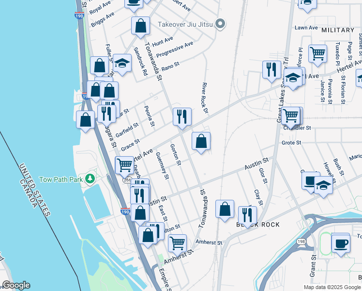 map of restaurants, bars, coffee shops, grocery stores, and more near 470 Tonawanda Street in Buffalo