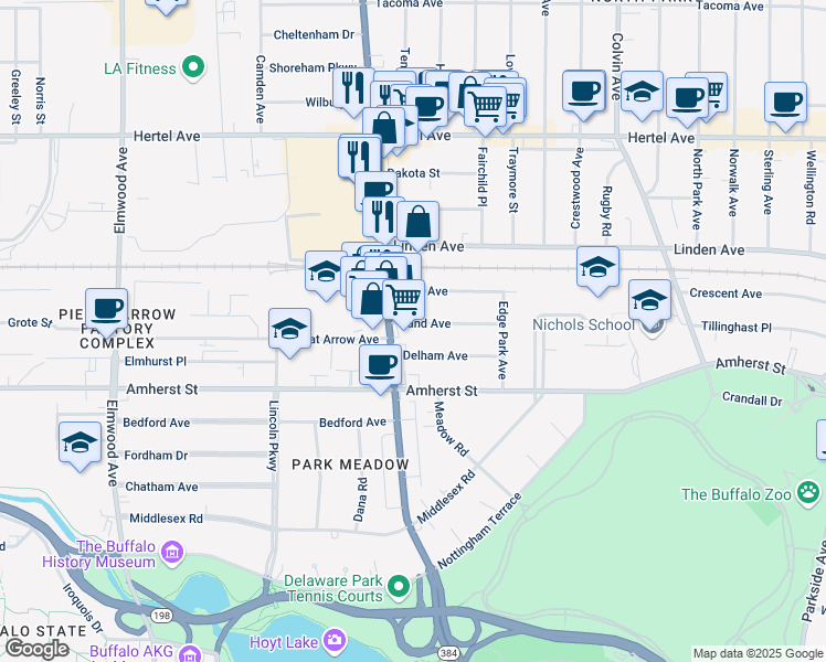 map of restaurants, bars, coffee shops, grocery stores, and more near 21 Rand Avenue in Buffalo