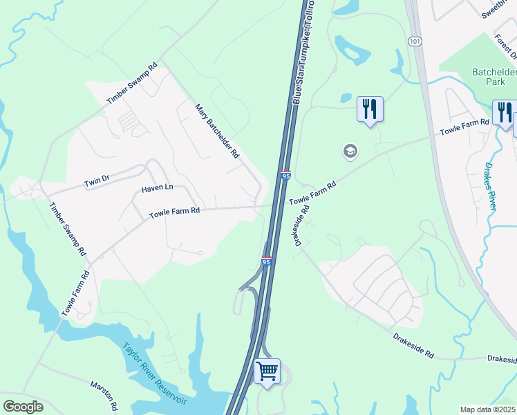map of restaurants, bars, coffee shops, grocery stores, and more near 186 Towle Farm Road in Hampton