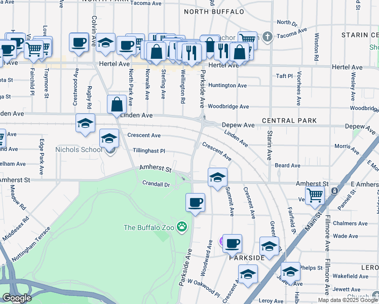 map of restaurants, bars, coffee shops, grocery stores, and more near 442 Parkside Avenue in Buffalo