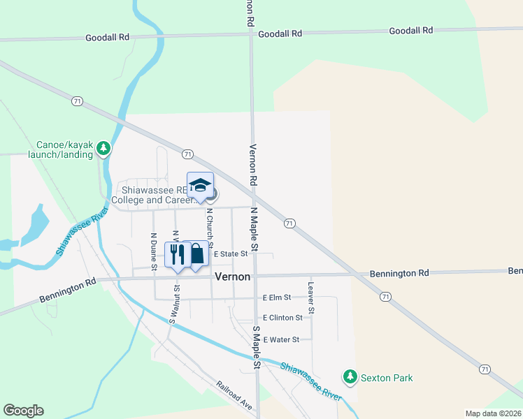 map of restaurants, bars, coffee shops, grocery stores, and more near 228 North Maple Street in Vernon