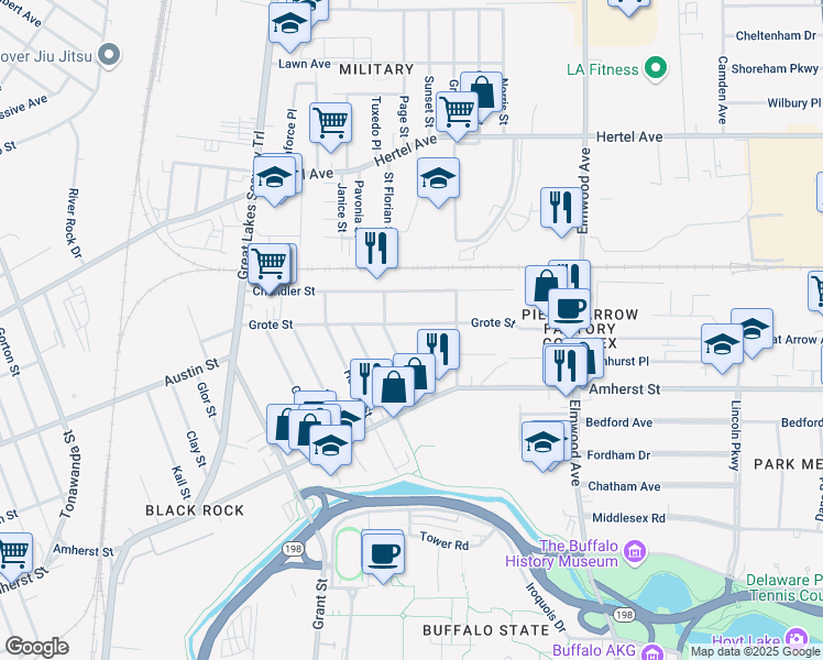 map of restaurants, bars, coffee shops, grocery stores, and more near 181 Grote Street in Buffalo