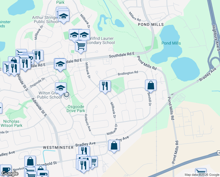 map of restaurants, bars, coffee shops, grocery stores, and more near 75 Adswood Road in London