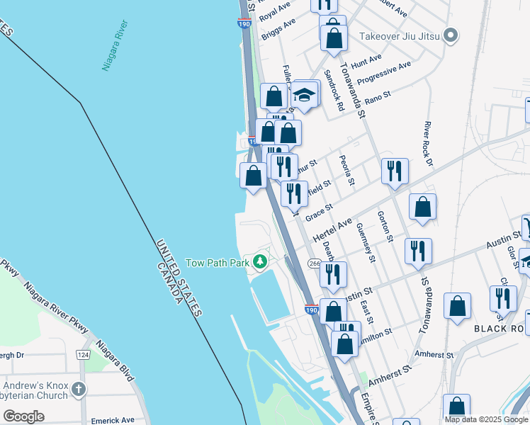 map of restaurants, bars, coffee shops, grocery stores, and more near 2192 Niagara Street in Buffalo
