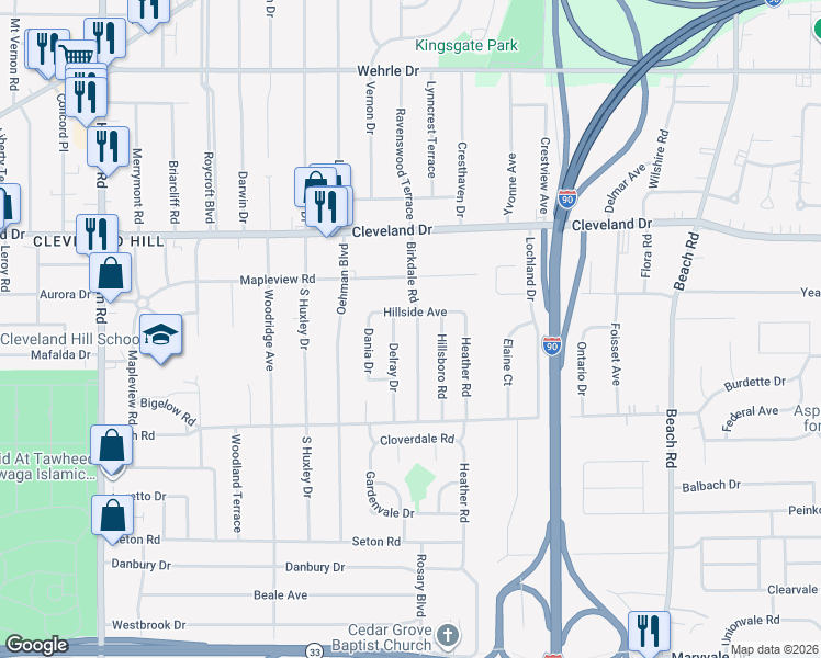 map of restaurants, bars, coffee shops, grocery stores, and more near 65 Delray Drive in Cheektowaga