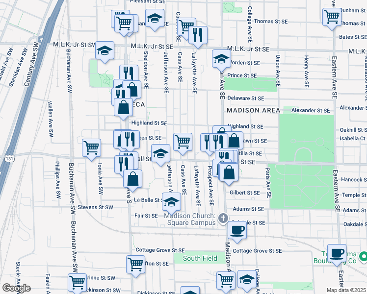 map of restaurants, bars, coffee shops, grocery stores, and more near 1146 Cass Avenue Southeast in Grand Rapids