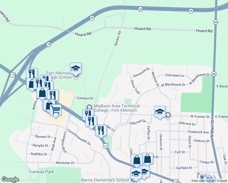map of restaurants, bars, coffee shops, grocery stores, and more near 1100 McCoy Park Road in Fort Atkinson