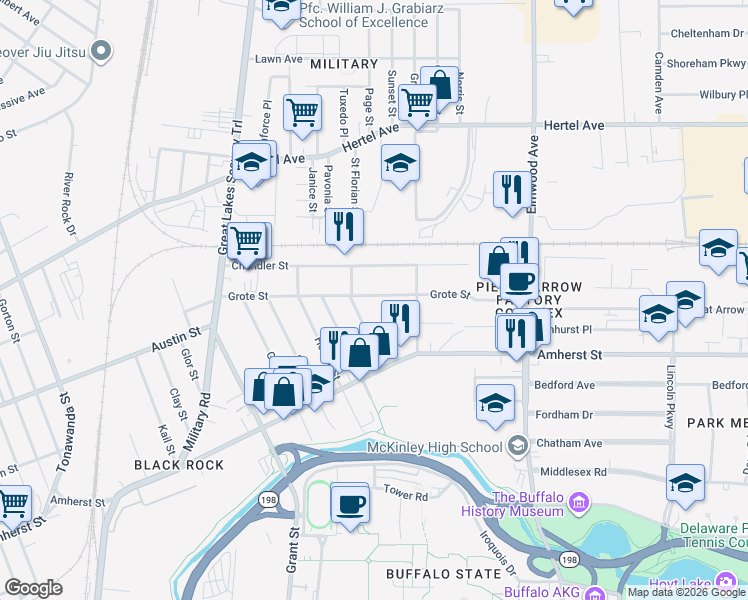 map of restaurants, bars, coffee shops, grocery stores, and more near 181 Grote Street in Buffalo