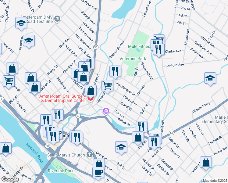 map of restaurants, bars, coffee shops, grocery stores, and more near 11 Milton Avenue in Amsterdam