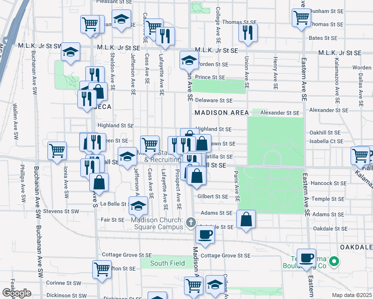 map of restaurants, bars, coffee shops, grocery stores, and more near 1151 Madison Avenue Southeast in Grand Rapids