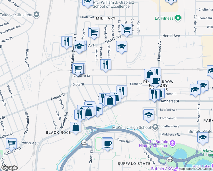 map of restaurants, bars, coffee shops, grocery stores, and more near 145 Grote Street in Buffalo