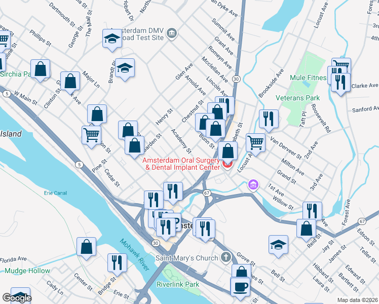 map of restaurants, bars, coffee shops, grocery stores, and more near Academy Street & Thomas Street in Amsterdam