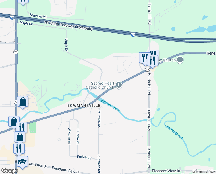 map of restaurants, bars, coffee shops, grocery stores, and more near 54 Main Street in Bowmansville