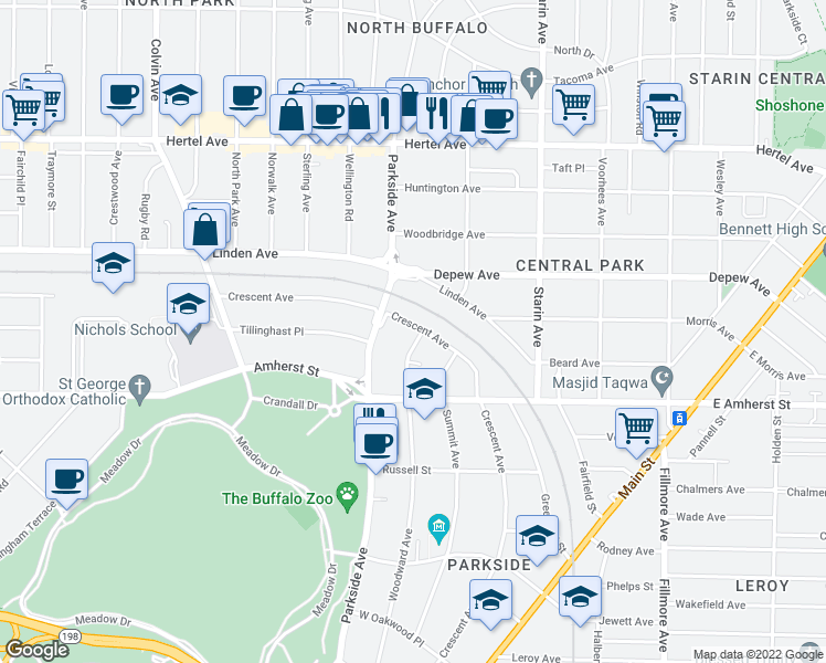 map of restaurants, bars, coffee shops, grocery stores, and more near 480 Woodward Avenue in Buffalo