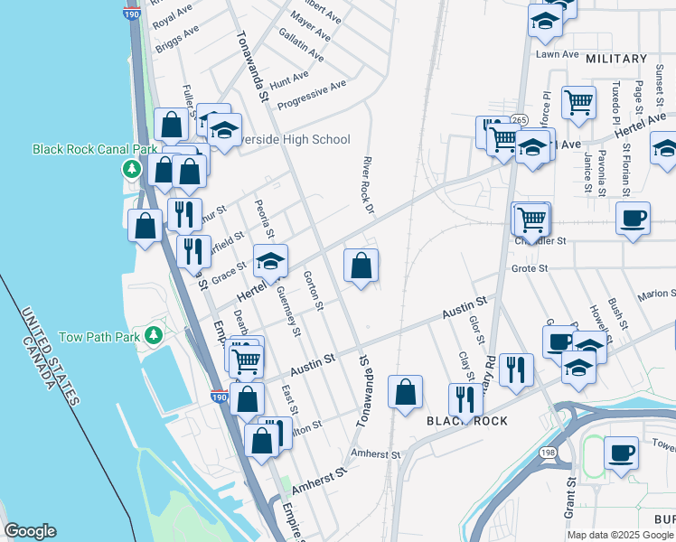 map of restaurants, bars, coffee shops, grocery stores, and more near 470 Tonawanda Street in Buffalo