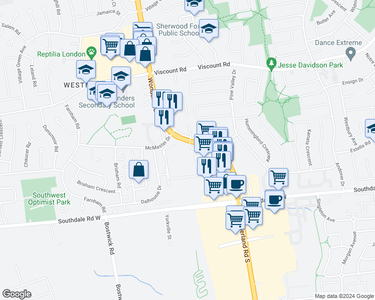 map of restaurants, bars, coffee shops, grocery stores, and more near 931 Wonderland Road South in London