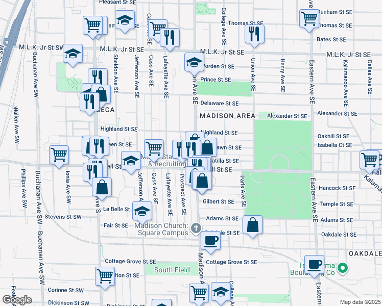map of restaurants, bars, coffee shops, grocery stores, and more near 1151 Madison Avenue Southeast in Grand Rapids