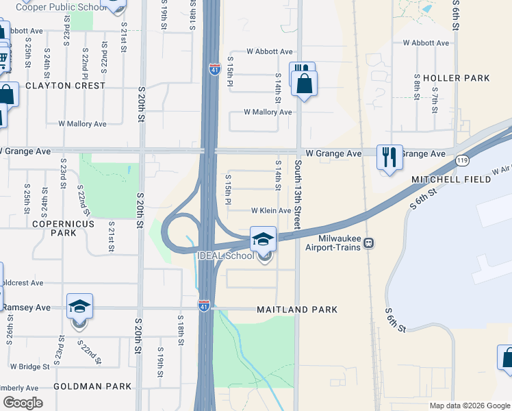 map of restaurants, bars, coffee shops, grocery stores, and more near 1421 West Klein Avenue in Milwaukee