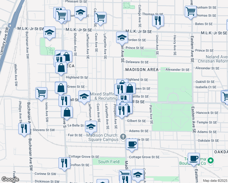 map of restaurants, bars, coffee shops, grocery stores, and more near 1145 Prospect Avenue Southeast in Grand Rapids