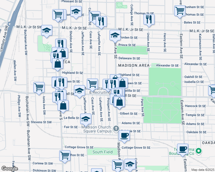 map of restaurants, bars, coffee shops, grocery stores, and more near 1145 Prospect Avenue Southeast in Grand Rapids