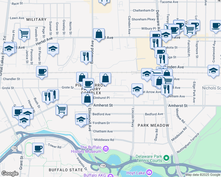 map of restaurants, bars, coffee shops, grocery stores, and more near 255 Great Arrow Avenue in Buffalo
