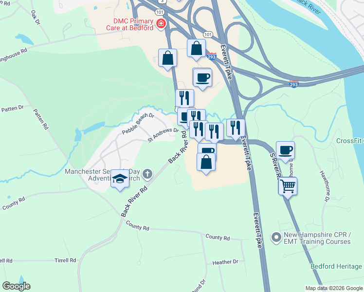 map of restaurants, bars, coffee shops, grocery stores, and more near 23 Back River Road in Bedford
