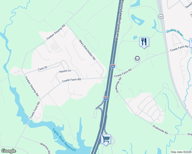 map of restaurants, bars, coffee shops, grocery stores, and more near 193 Towle Farm Road in Hampton