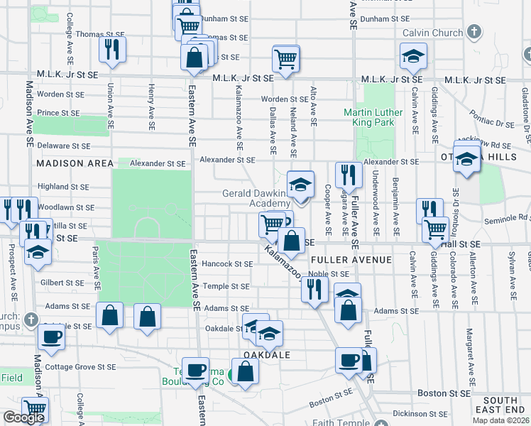 map of restaurants, bars, coffee shops, grocery stores, and more near Kalamazoo Ave SE & Humbolt St SE in Grand Rapids