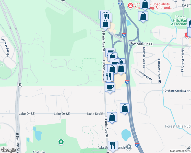 map of restaurants, bars, coffee shops, grocery stores, and more near 1134 Heron Meadow Court Southeast in Grand Rapids