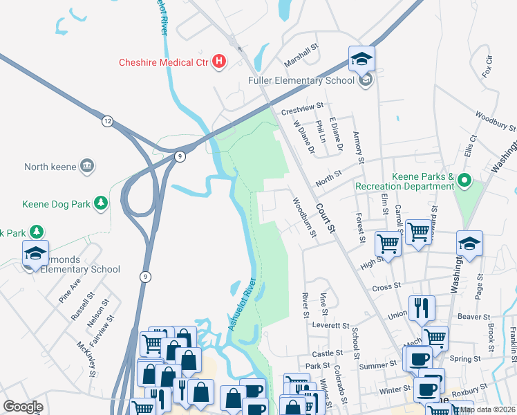 map of restaurants, bars, coffee shops, grocery stores, and more near 54 Harmony Lane in Keene