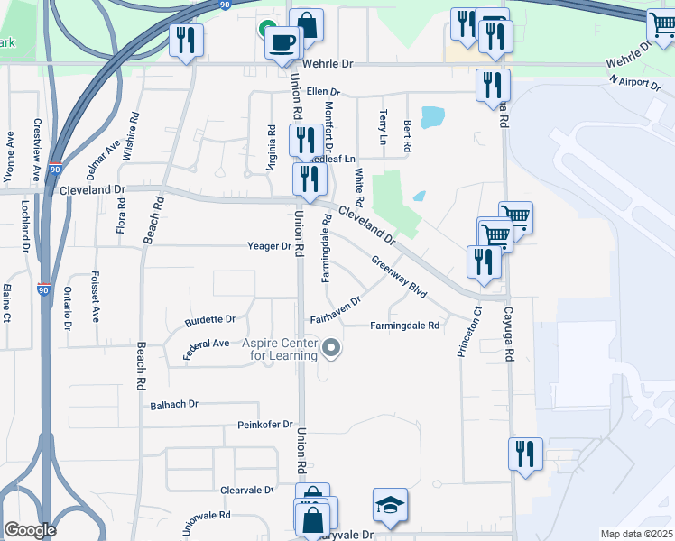 map of restaurants, bars, coffee shops, grocery stores, and more near 178 Farmingdale Road in Buffalo
