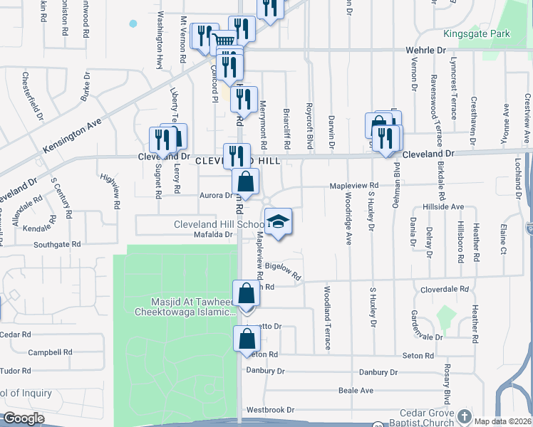 map of restaurants, bars, coffee shops, grocery stores, and more near 136 Mapleview Road in Buffalo
