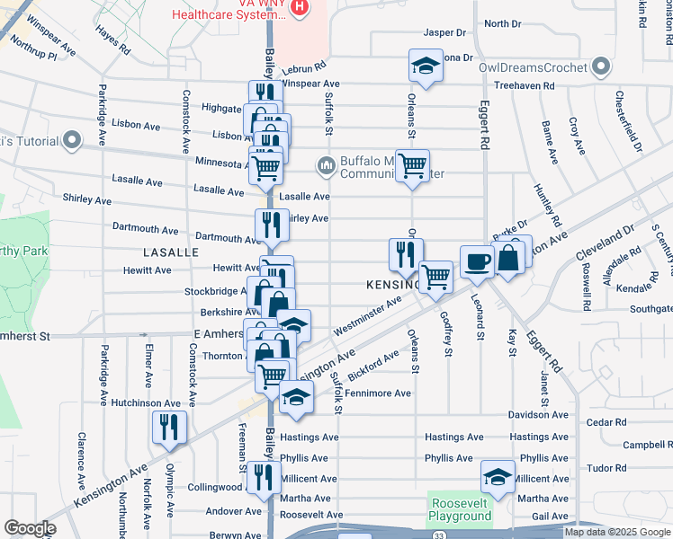map of restaurants, bars, coffee shops, grocery stores, and more near 496 Stockbridge Avenue in Buffalo