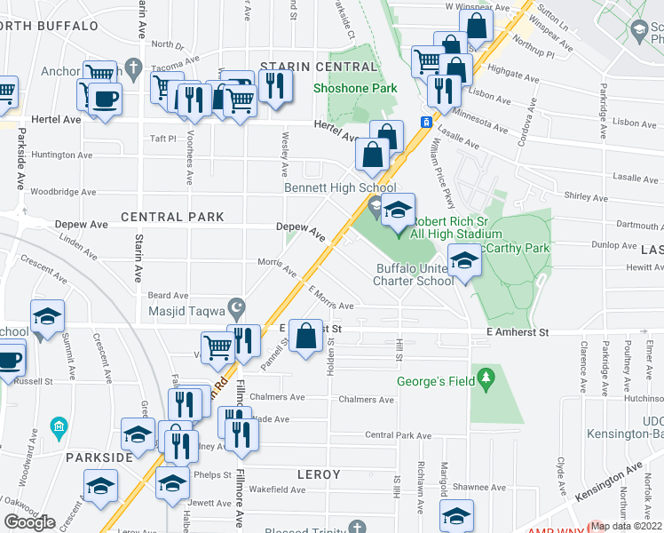 map of restaurants, bars, coffee shops, grocery stores, and more near 2773 Main Street in Buffalo