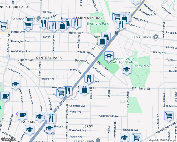 map of restaurants, bars, coffee shops, grocery stores, and more near 2773 Main Street in Buffalo