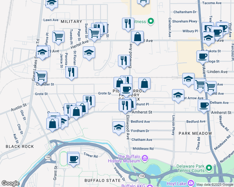 map of restaurants, bars, coffee shops, grocery stores, and more near 293 Grote Street in Buffalo