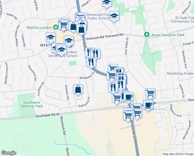 map of restaurants, bars, coffee shops, grocery stores, and more near 931 Wonderland Road South in London