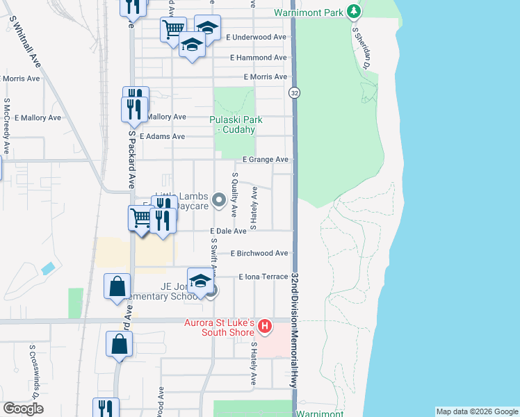 map of restaurants, bars, coffee shops, grocery stores, and more near 5642 South Hately Avenue in Cudahy