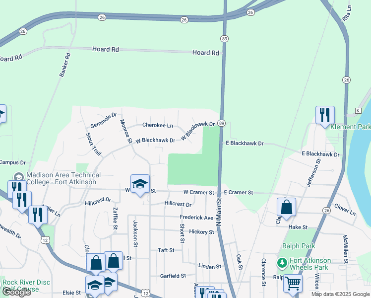 map of restaurants, bars, coffee shops, grocery stores, and more near 310 West Blackhawk Drive in Fort Atkinson
