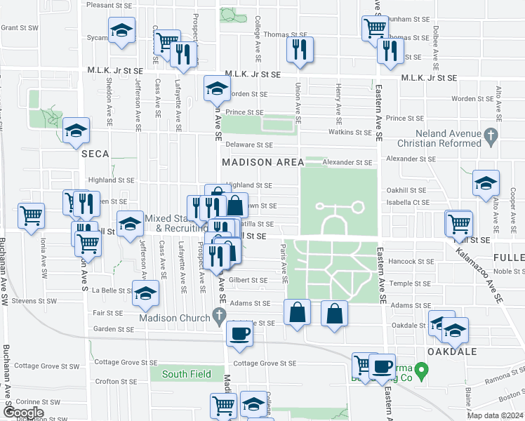 map of restaurants, bars, coffee shops, grocery stores, and more near 500 Woodlawn Street Southeast in Grand Rapids
