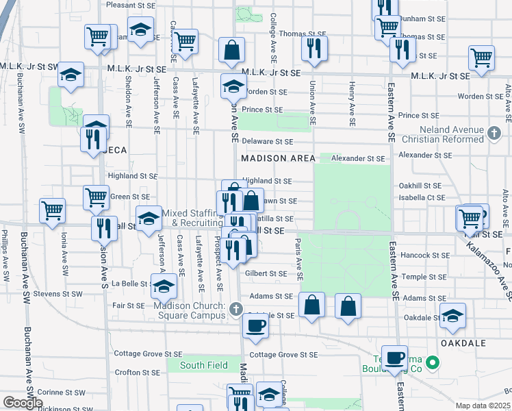 map of restaurants, bars, coffee shops, grocery stores, and more near 428 Woodlawn Street Southeast in Grand Rapids