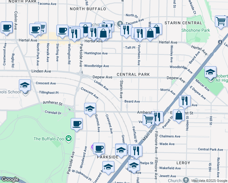 map of restaurants, bars, coffee shops, grocery stores, and more near 27 Morris Avenue in Buffalo